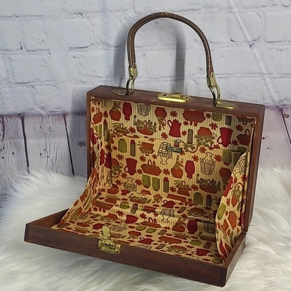 Vintage 50s Parklane USA Mahagony Wooden Square Clasp Lock Purse Clutch - Picture 6 of 17